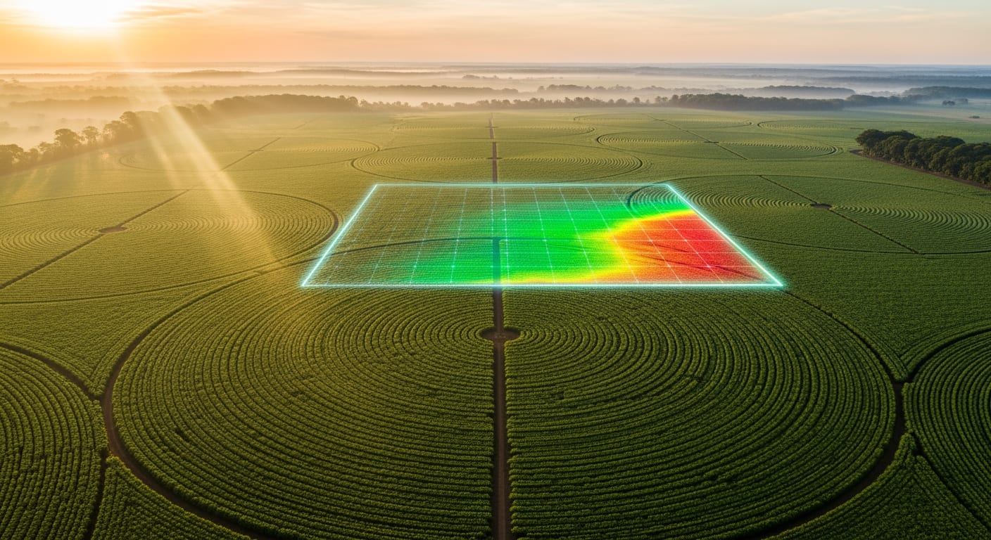 Vista aérea de lavoura irrigada por pivô central no Brasil, ao amanhecer dourado